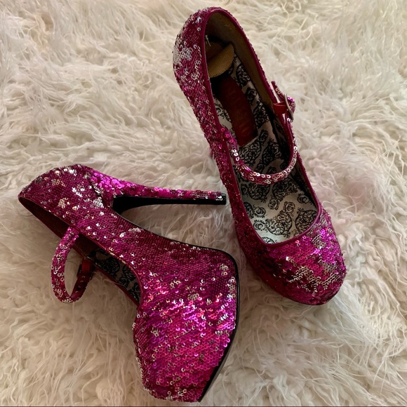 Fully Sequined Platform Bordello Club Heels w/ Ankle Strap - Picture 4 of 4